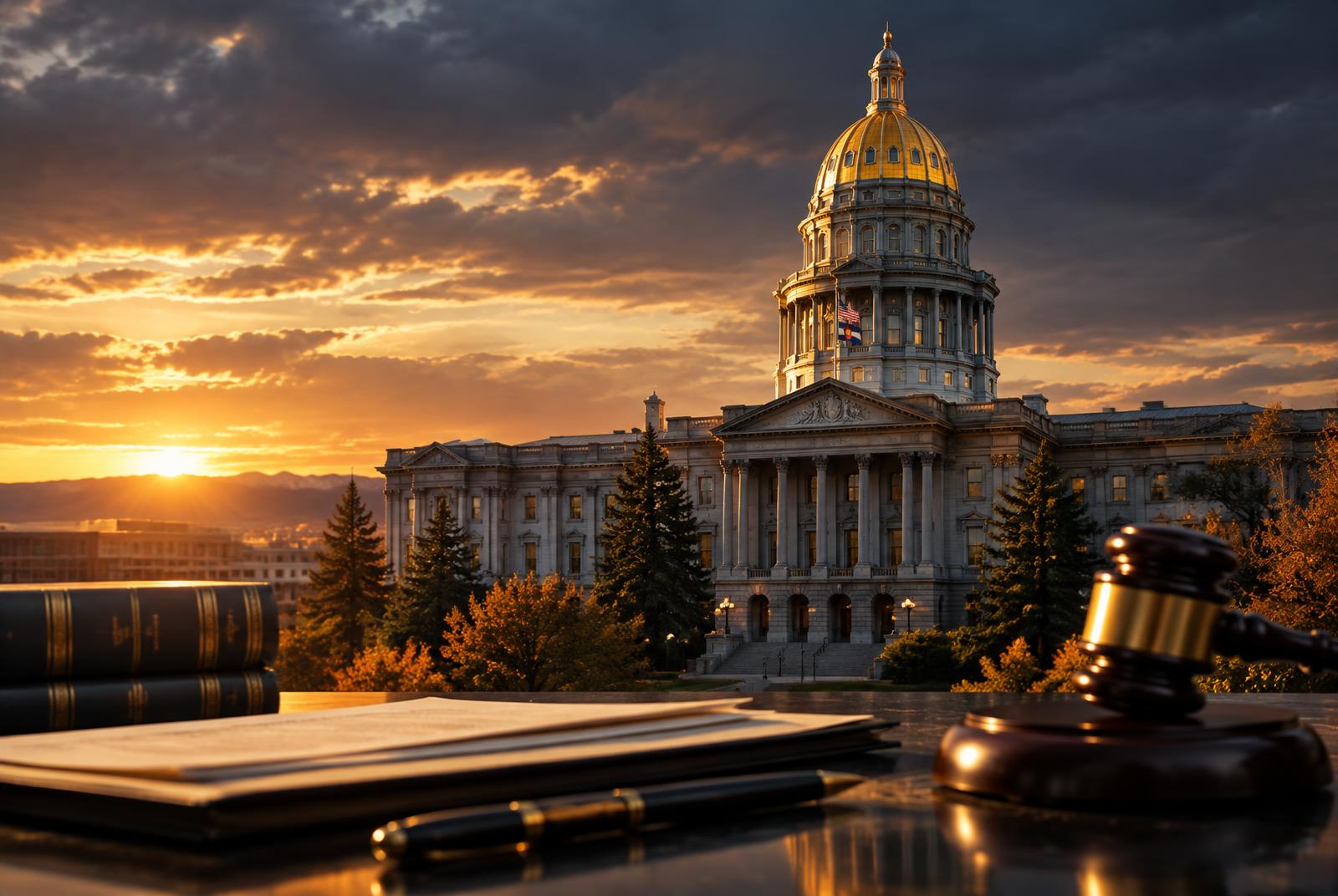 Colorado State Capitol building with gold dome at sunset